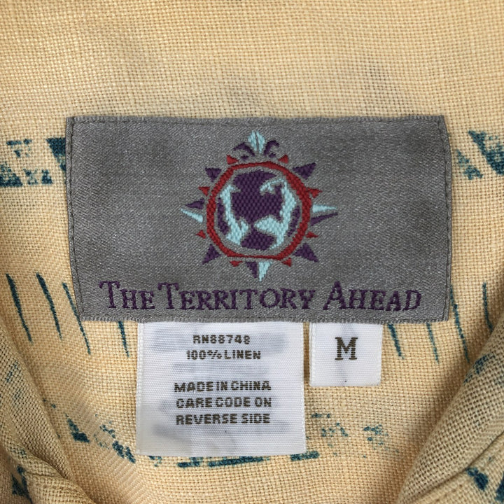THE TERRITORY AHEAD All-over Border Pattern Native Border Short-Sleeve Linen Shirt Box Shirt Men's Size M linen yellow type Vintage Second Hand