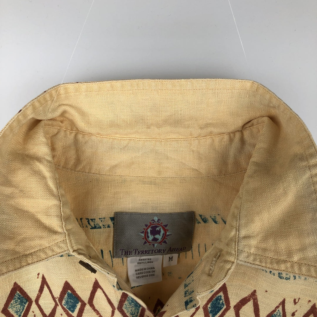 THE TERRITORY AHEAD All-over Border Pattern Native Border Short-Sleeve Linen Shirt Box Shirt Men's Size M linen yellow type Vintage Second Hand