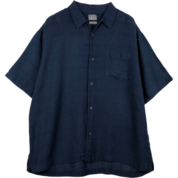 DOCKERS RECODE Check Pattern Short-Sleeve Open Collar Linen Shirt, Boxy Shirt, Men's Size L (approx.) linen navy blue type Vintage Second Hand