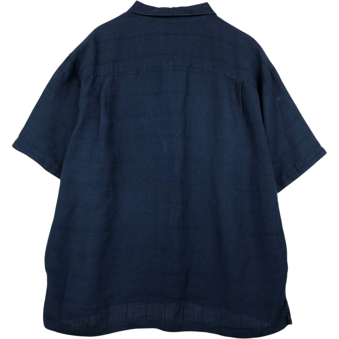 DOCKERS RECODE Check Pattern Short-Sleeve Open Collar Linen Shirt, Boxy Shirt, Men's Size L (approx.) linen navy blue type Vintage Second Hand