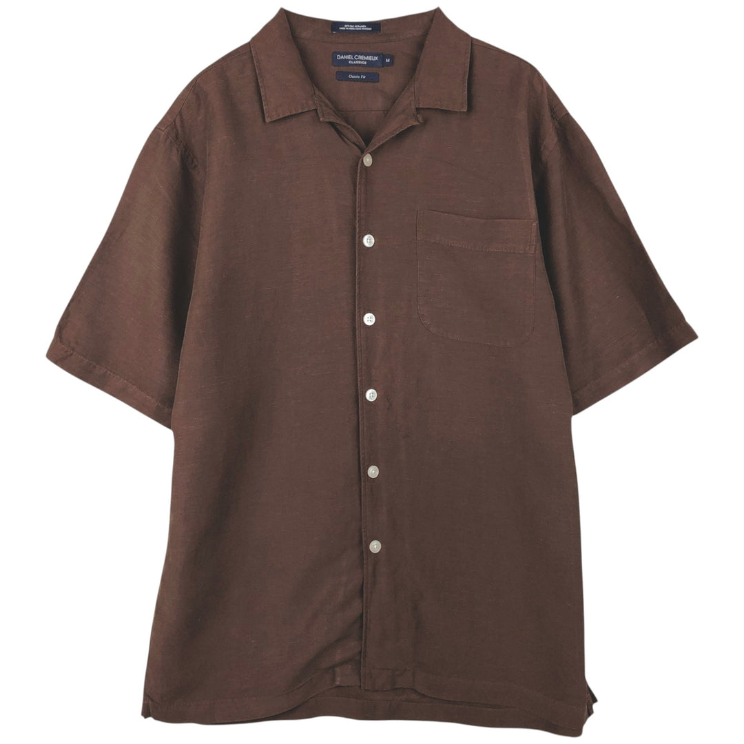 DANIEL CREMIEUX Classic Fit Short-Sleeve Open-Collar Linen x Silk Box Shirt (Men's Size M) silk brown type Vintage Second Hand