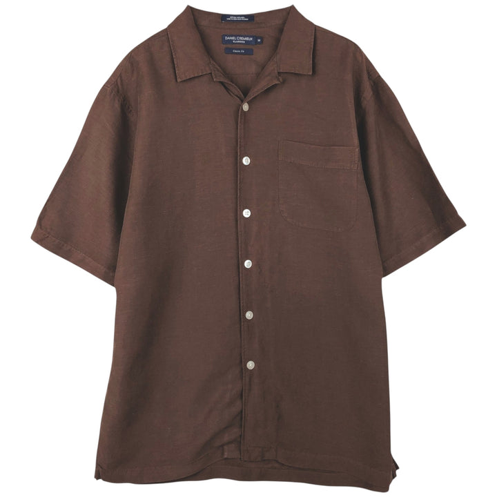 DANIEL CREMIEUX Classic Fit Short-Sleeve Open-Collar Linen x Silk Box Shirt (Men's Size M) silk brown type Vintage Second Hand