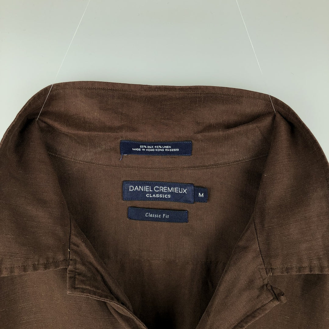 DANIEL CREMIEUX Classic Fit Short-Sleeve Open-Collar Linen x Silk Box Shirt (Men's Size M) silk brown type Vintage Second Hand