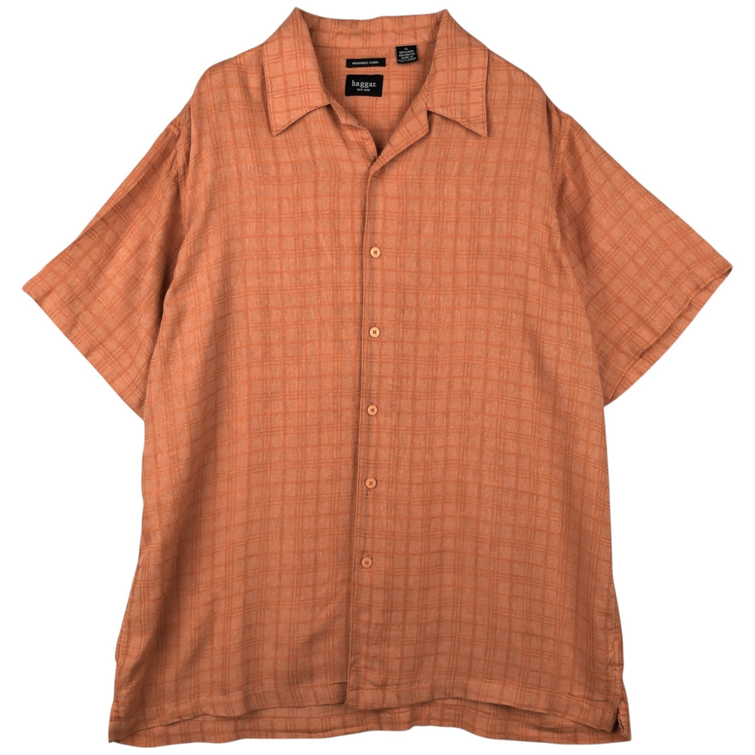 HAGGAR WASHABLE LINEN Check Pattern Short-Sleeve Open Collar Rayon x Linen Shirt, Boxy Shirt, Men's XL Equivalent linen orange type Vintage Second Hand