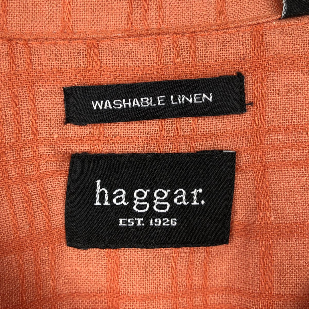 HAGGAR WASHABLE LINEN Check Pattern Short-Sleeve Open Collar Rayon x Linen Shirt, Boxy Shirt, Men's XL Equivalent linen orange type Vintage Second Hand