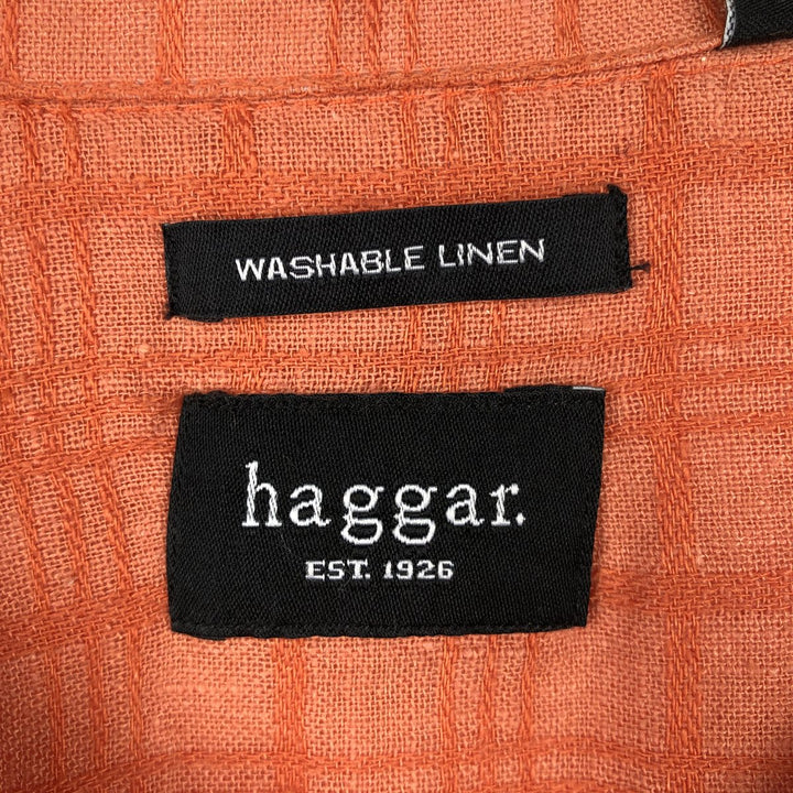 HAGGAR WASHABLE LINEN Check Pattern Short-Sleeve Open Collar Rayon x Linen Shirt, Boxy Shirt, Men's XL Equivalent linen orange type Vintage Second Hand