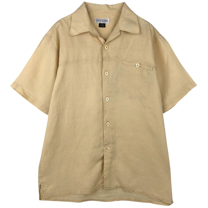 MAN OF FASHION Short-Sleeve Open-Collar Linen Shirt, Boxy Fit, Men's Size L linen Beige type Vintage Second Hand