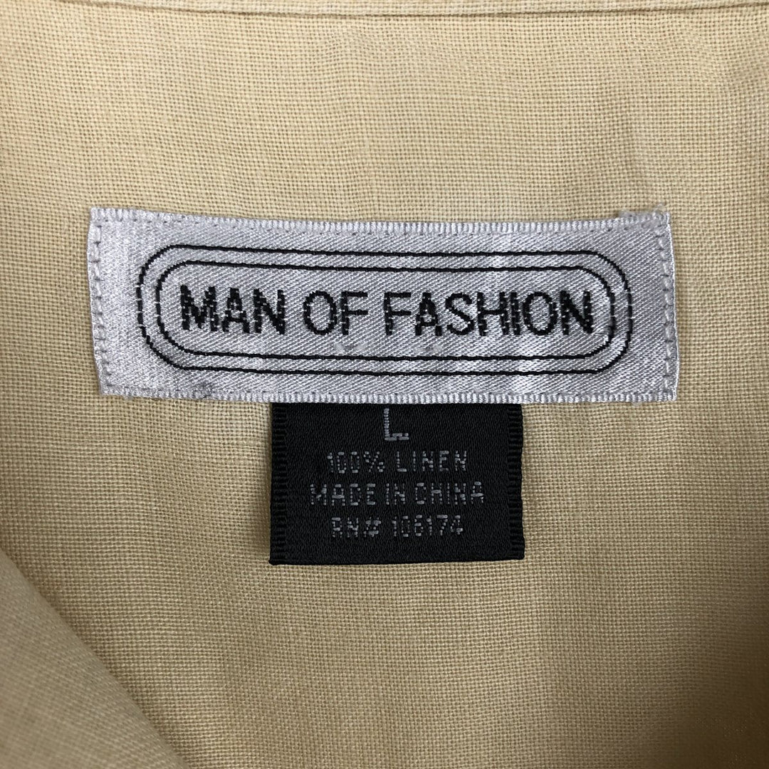 MAN OF FASHION Short-Sleeve Open-Collar Linen Shirt, Boxy Fit, Men's Size L linen Beige type Vintage Second Hand