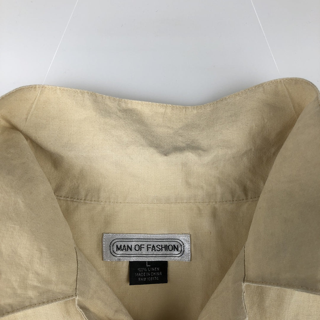 MAN OF FASHION Short-Sleeve Open-Collar Linen Shirt, Boxy Fit, Men's Size L linen Beige type Vintage Second Hand