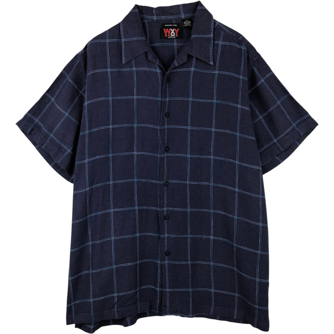 WXY WASHABLE LINEN Check Pattern Short-Sleeve Open Collar Linen Shirt, Boxy Shirt, Men's XL Equivalent linen navy blue type Vintage Second Hand