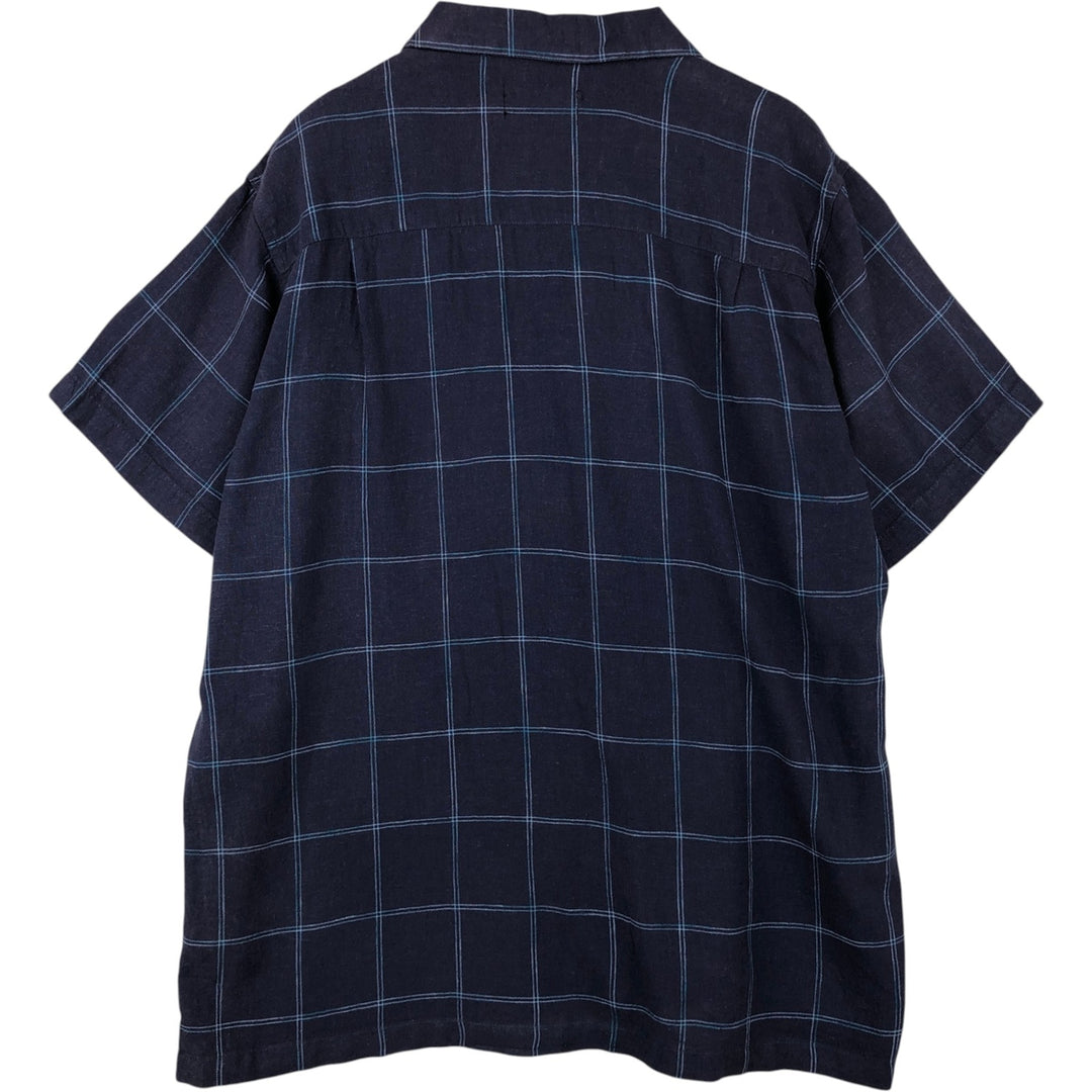 WXY WASHABLE LINEN Check Pattern Short-Sleeve Open Collar Linen Shirt, Boxy Shirt, Men's XL Equivalent linen navy blue type Vintage Second Hand