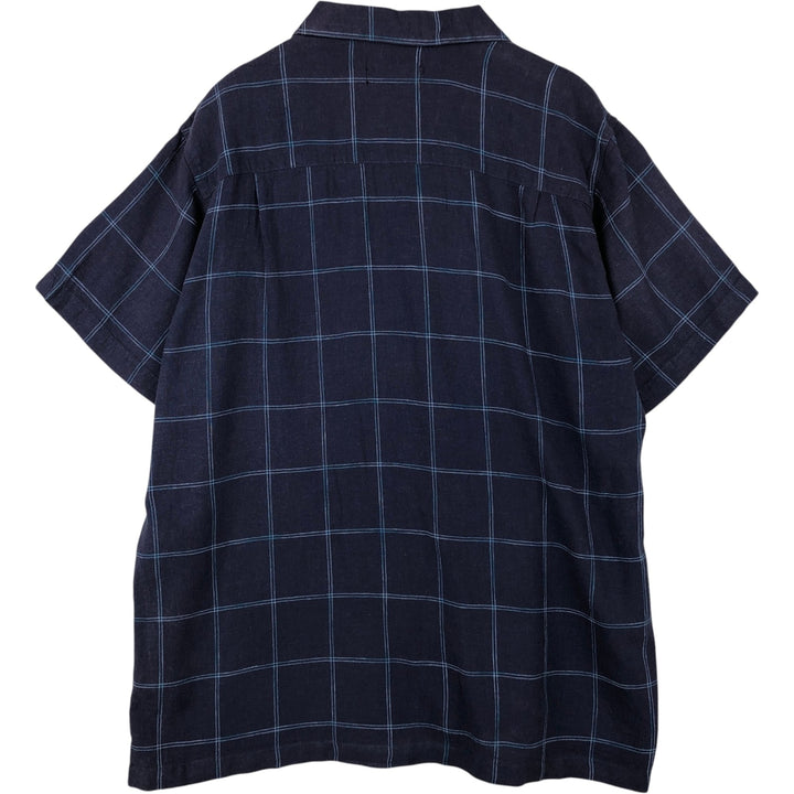 WXY WASHABLE LINEN Check Pattern Short-Sleeve Open Collar Linen Shirt, Boxy Shirt, Men's XL Equivalent linen navy blue type Vintage Second Hand