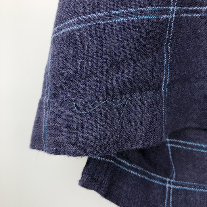 WXY WASHABLE LINEN Check Pattern Short-Sleeve Open Collar Linen Shirt, Boxy Shirt, Men's XL Equivalent linen navy blue type Vintage Second Hand