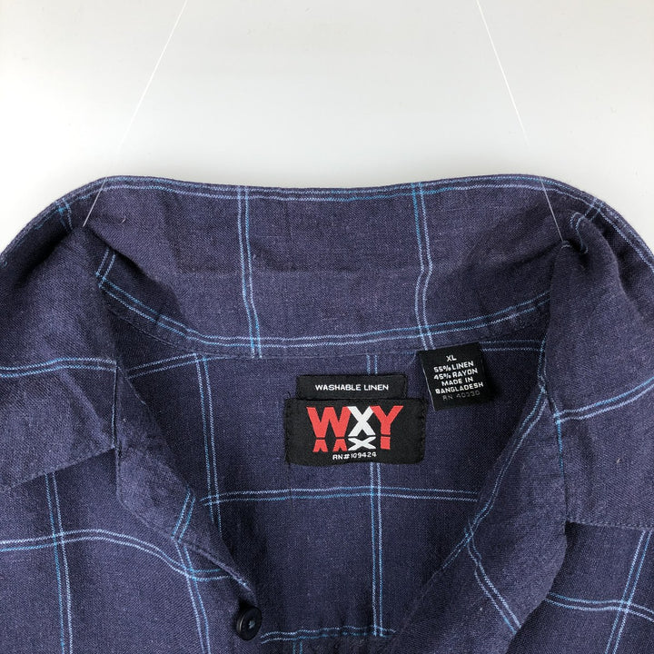 WXY WASHABLE LINEN Check Pattern Short-Sleeve Open Collar Linen Shirt, Boxy Shirt, Men's XL Equivalent linen navy blue type Vintage Second Hand