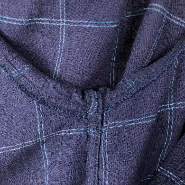 WXY WASHABLE LINEN Check Pattern Short-Sleeve Open Collar Linen Shirt, Boxy Shirt, Men's XL Equivalent linen navy blue type Vintage Second Hand