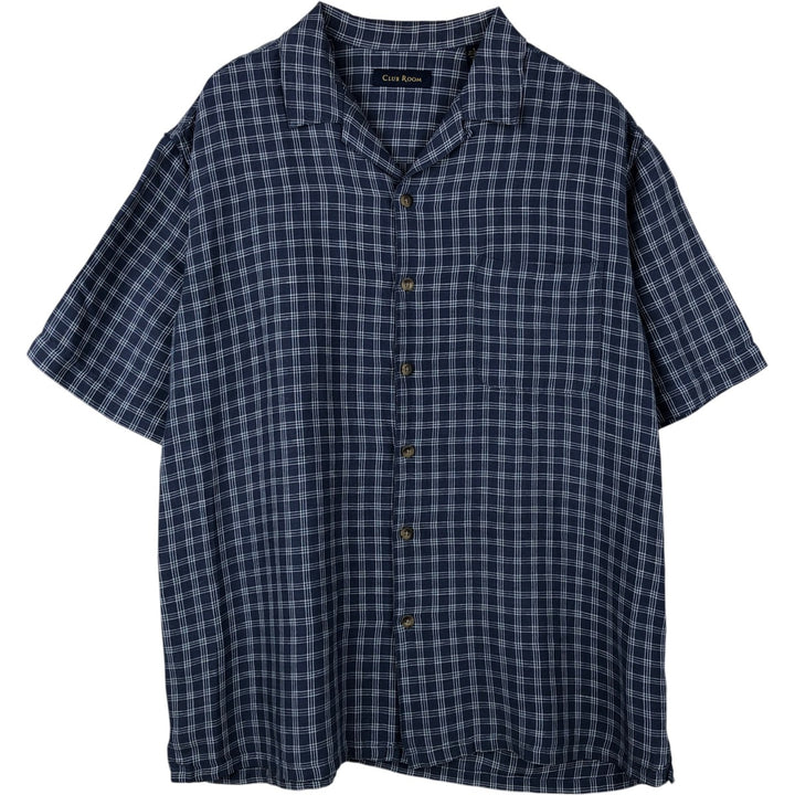 CLUB ROOM Check Pattern Short-Sleeve Open Collar Rayon x Linen Shirt, Boxy Shirt, Men's Size L (approx.) linen navy blue type Vintage Second Hand