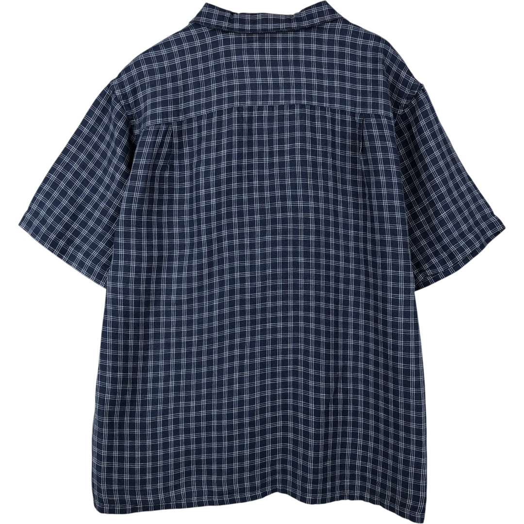 CLUB ROOM Check Pattern Short-Sleeve Open Collar Rayon x Linen Shirt, Boxy Shirt, Men's Size L (approx.) linen navy blue type Vintage Second Hand