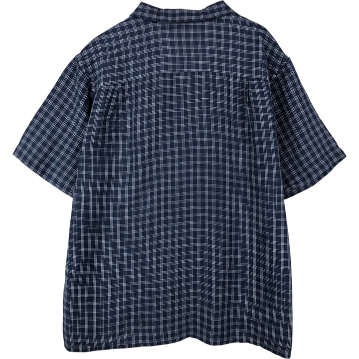 CLUB ROOM Check Pattern Short-Sleeve Open Collar Rayon x Linen Shirt, Boxy Shirt, Men's Size L (approx.) linen navy blue type Vintage Second Hand