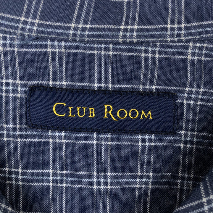 CLUB ROOM Check Pattern Short-Sleeve Open Collar Rayon x Linen Shirt, Boxy Shirt, Men's Size L (approx.) linen navy blue type Vintage Second Hand