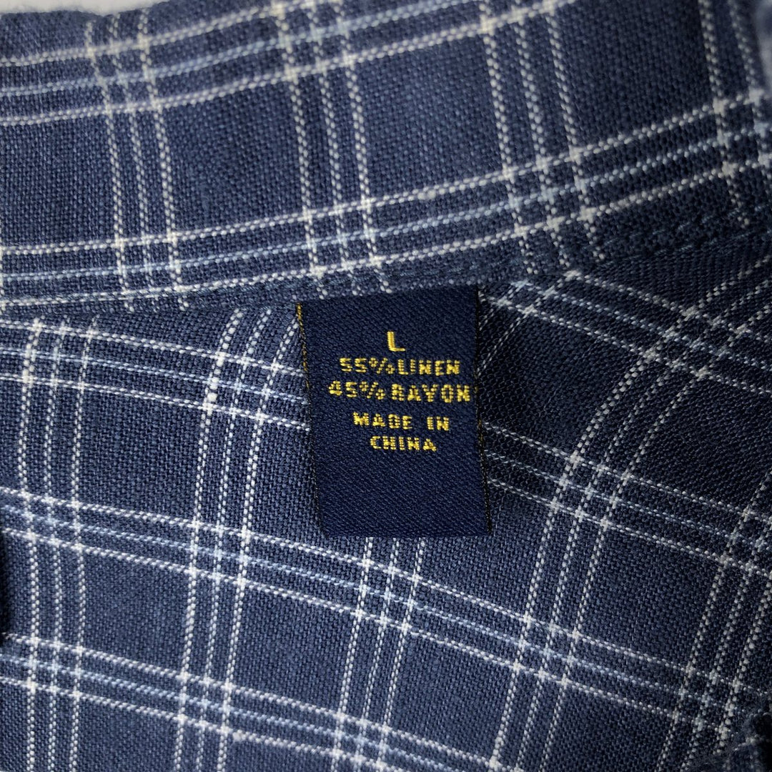 CLUB ROOM Check Pattern Short-Sleeve Open Collar Rayon x Linen Shirt, Boxy Shirt, Men's Size L (approx.) linen navy blue type Vintage Second Hand