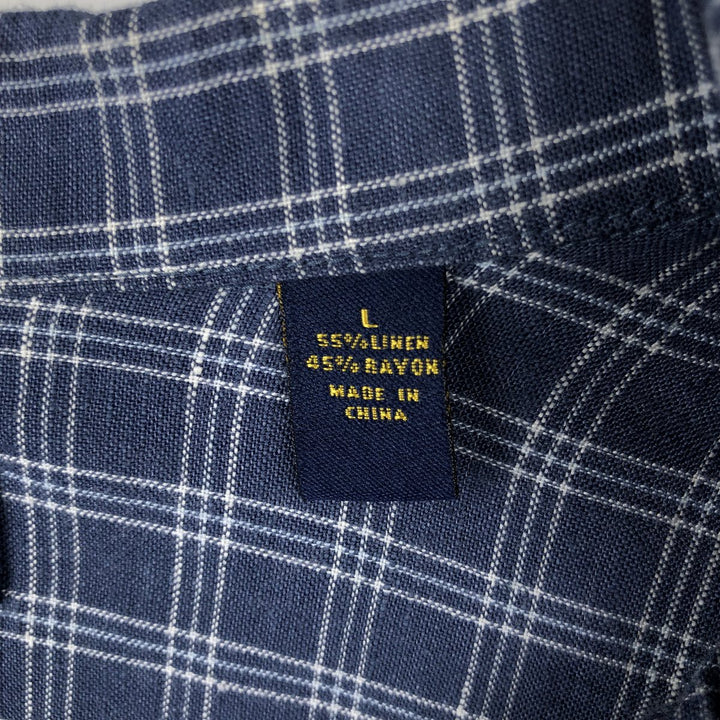 CLUB ROOM Check Pattern Short-Sleeve Open Collar Rayon x Linen Shirt, Boxy Shirt, Men's Size L (approx.) linen navy blue type Vintage Second Hand