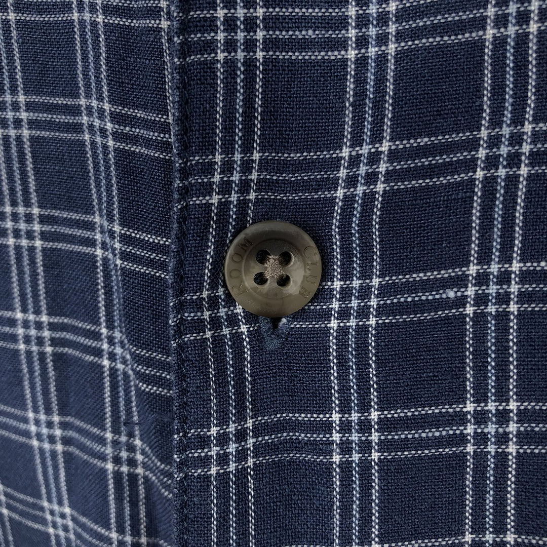 CLUB ROOM Check Pattern Short-Sleeve Open Collar Rayon x Linen Shirt, Boxy Shirt, Men's Size L (approx.) linen navy blue type Vintage Second Hand