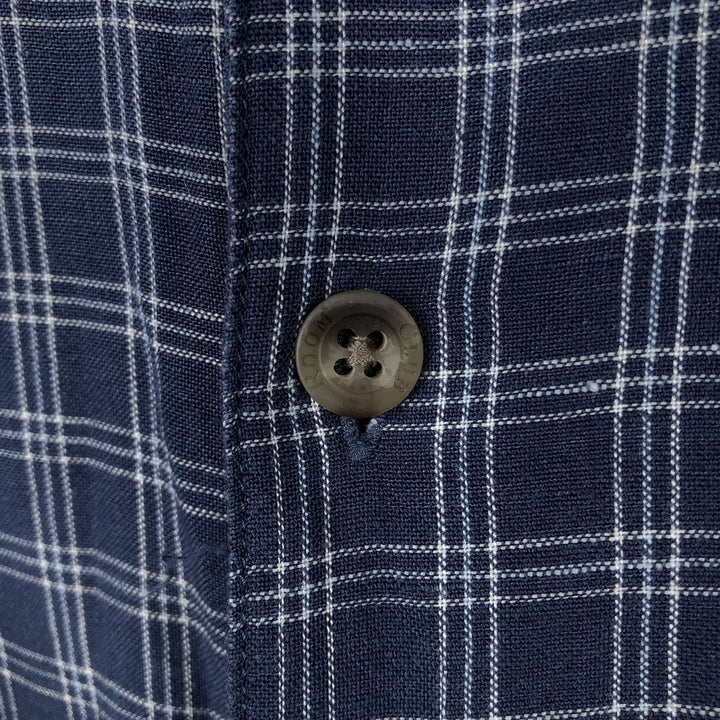 CLUB ROOM Check Pattern Short-Sleeve Open Collar Rayon x Linen Shirt, Boxy Shirt, Men's Size L (approx.) linen navy blue type Vintage Second Hand