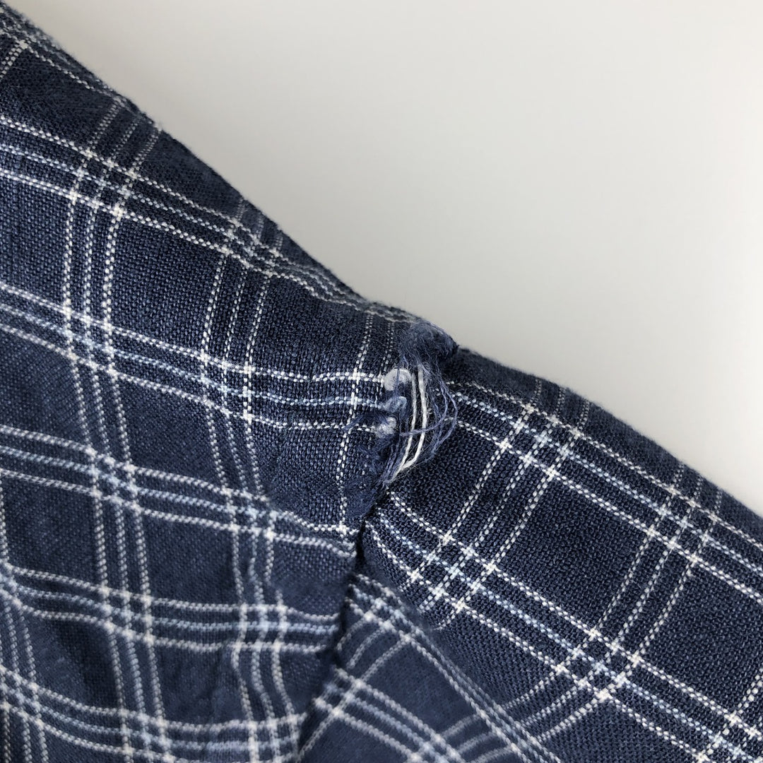 CLUB ROOM Check Pattern Short-Sleeve Open Collar Rayon x Linen Shirt, Boxy Shirt, Men's Size L (approx.) linen navy blue type Vintage Second Hand