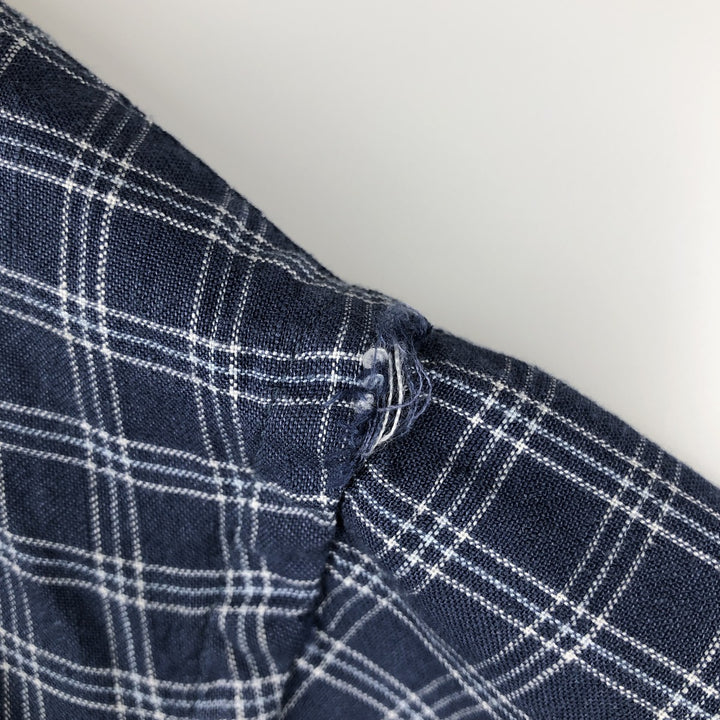 CLUB ROOM Check Pattern Short-Sleeve Open Collar Rayon x Linen Shirt, Boxy Shirt, Men's Size L (approx.) linen navy blue type Vintage Second Hand