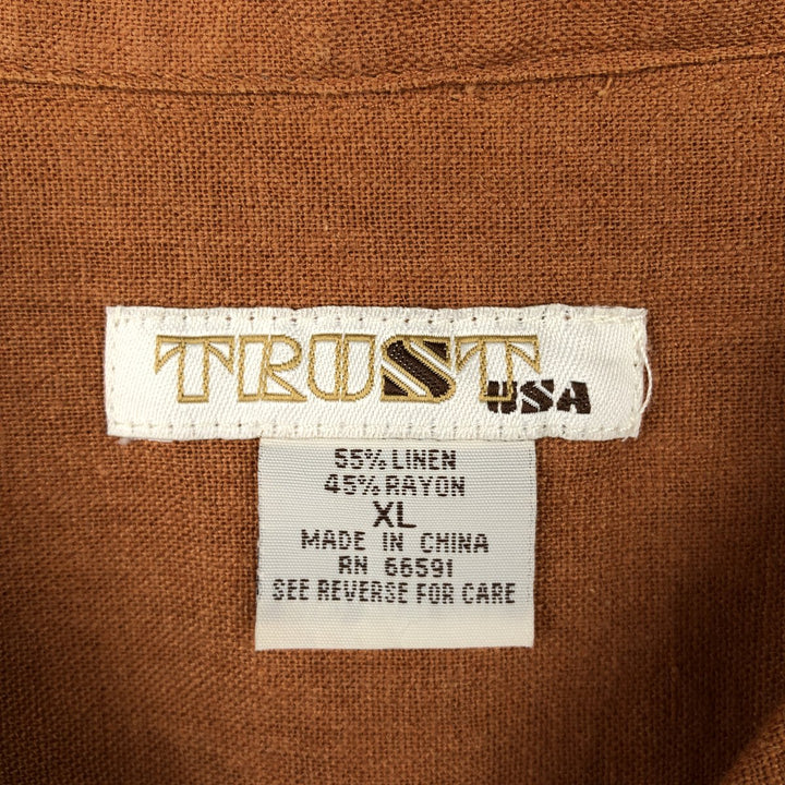 90s-00'S TRUST USA Short-Sleeve Open-Collar Rayon x Linen Shirt, Boxy Fit, Men's XL Equivalent linen brown type Vintage Second Hand