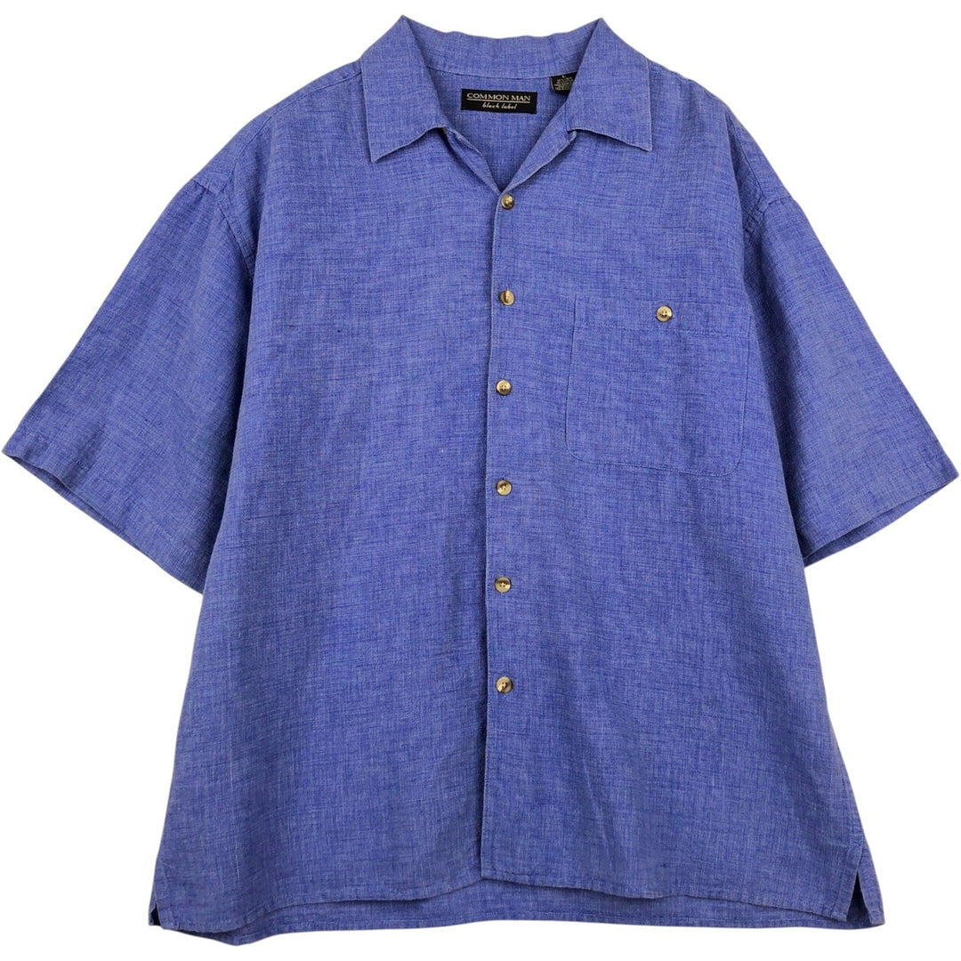 COMMON MAN black label short-sleeved open-collar cotton x linen shirt, boxy fit, men's size L. linen navy blue type Vintage Second Hand