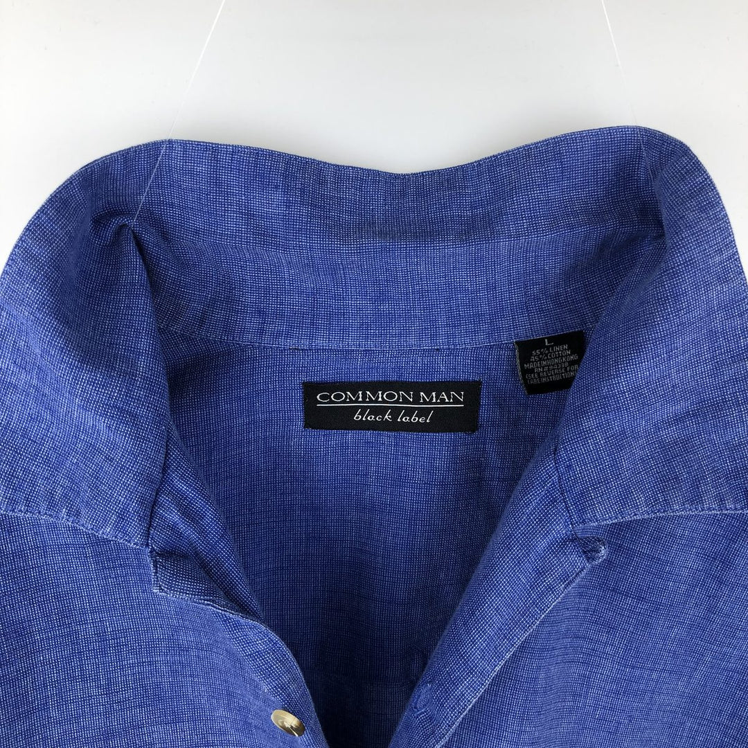COMMON MAN black label short-sleeved open-collar cotton x linen shirt, boxy fit, men's size L. linen navy blue type Vintage Second Hand