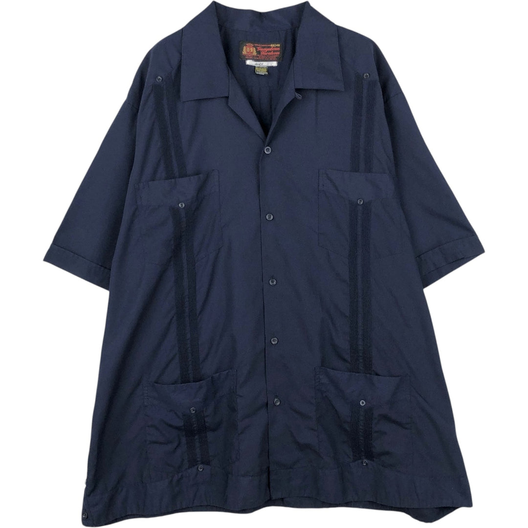 Big Size 80s-90'S Guayaberas Yucatecas Short-Sleeve Open Collar Cuban Shirt Box Shirt Men's XXXXL Equivalent polyester navy blue type Vintage Second Hand