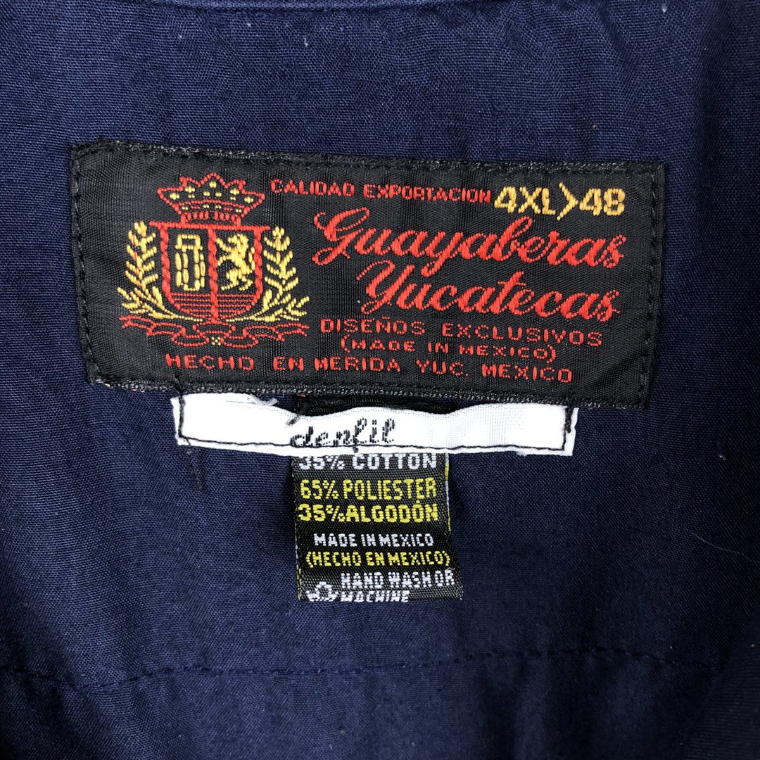 Big Size 80s-90'S Guayaberas Yucatecas Short-Sleeve Open Collar Cuban Shirt Box Shirt Men's XXXXL Equivalent polyester navy blue type Vintage Second Hand