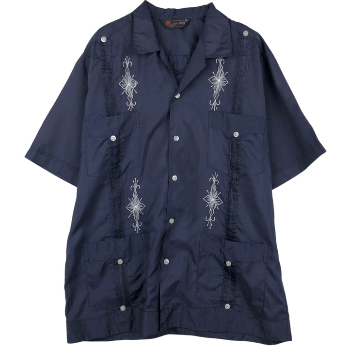 70s-80'S CAN CUN Short-Sleeve Open-Collar Mexican Shirt / Cuban Shirt / Boxy Shirt / Men's Size M (Equivalent) Vintage unclear navy blue type Vintage Second Hand