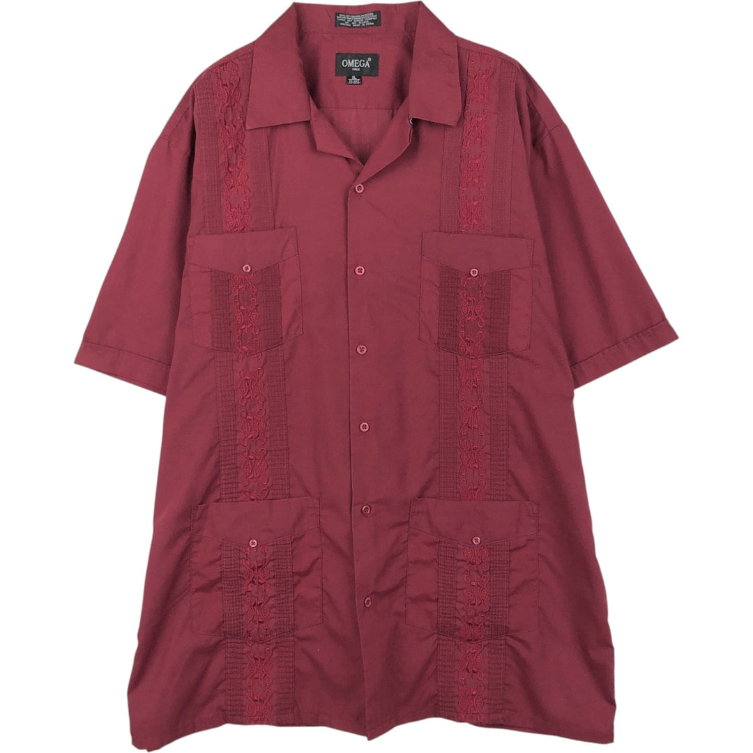 OMEGA Short-Sleeve Open-Collar Mexican Shirt, Cuban Shirt, Boxy Shirt, Men's Size XL cotton wine-red Vintage Second Hand
