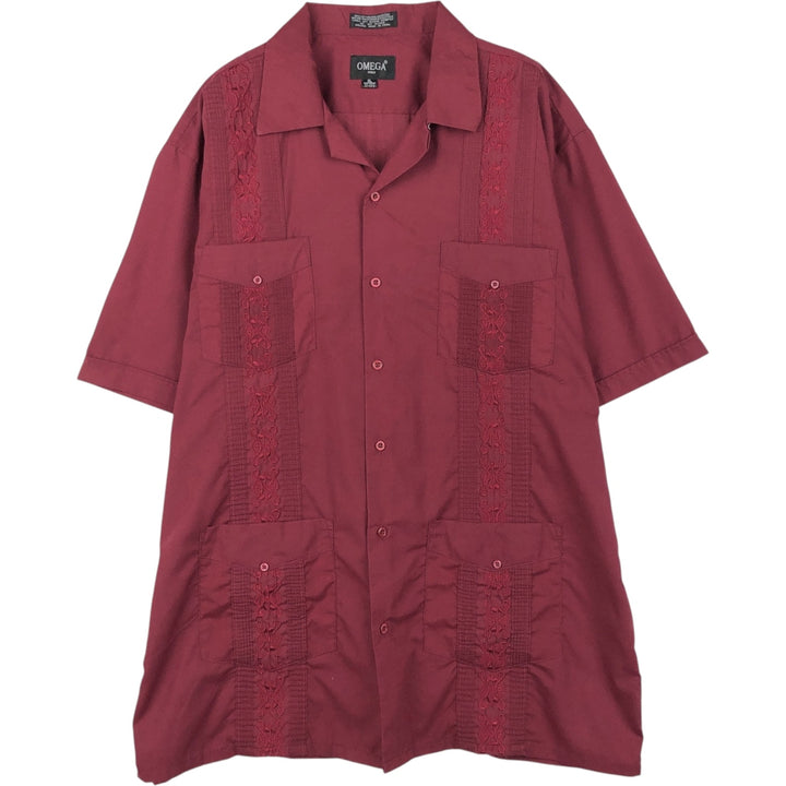 OMEGA Short-Sleeve Open-Collar Mexican Shirt, Cuban Shirt, Boxy Shirt, Men's Size XL cotton wine-red Vintage Second Hand