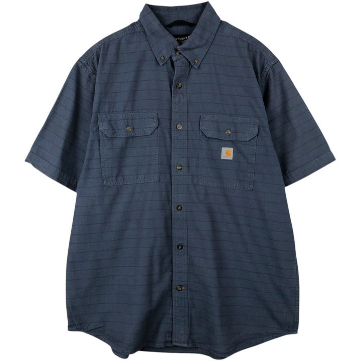 Carhartt Loose Fit Striped Button-Down Short Sleeve Work Shirt, Men's Size L cotton navy blue type Vintage Second Hand