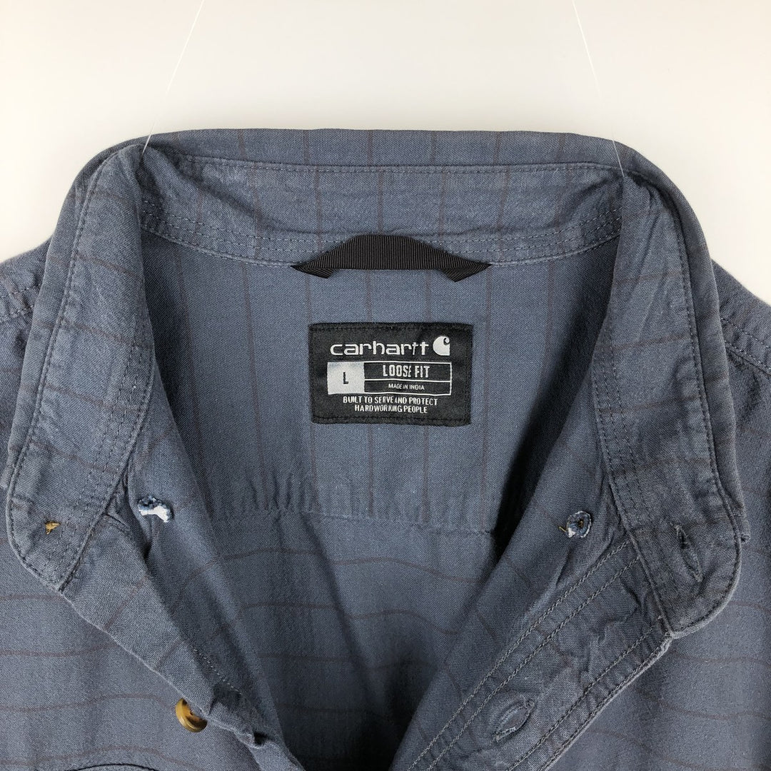 Carhartt Loose Fit Striped Button-Down Short Sleeve Work Shirt, Men's Size L cotton navy blue type Vintage Second Hand