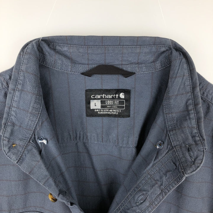 Carhartt Loose Fit Striped Button-Down Short Sleeve Work Shirt, Men's Size L cotton navy blue type Vintage Second Hand