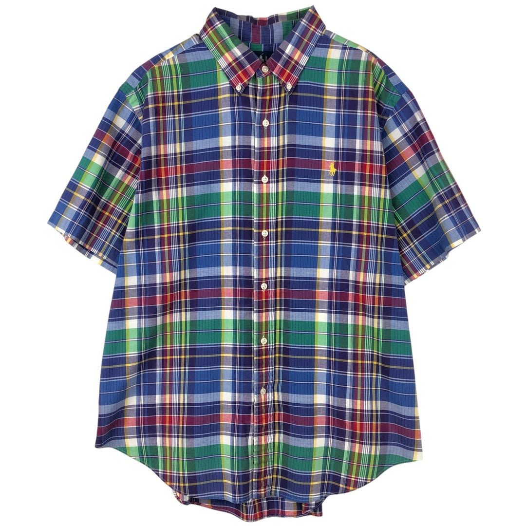Ralph Lauren CLASSIC FIT Madras Check Short-Sleeve Button-Down Check Shirt, Men's Size XL (approx.) cotton navy blue type Vintage Second Hand