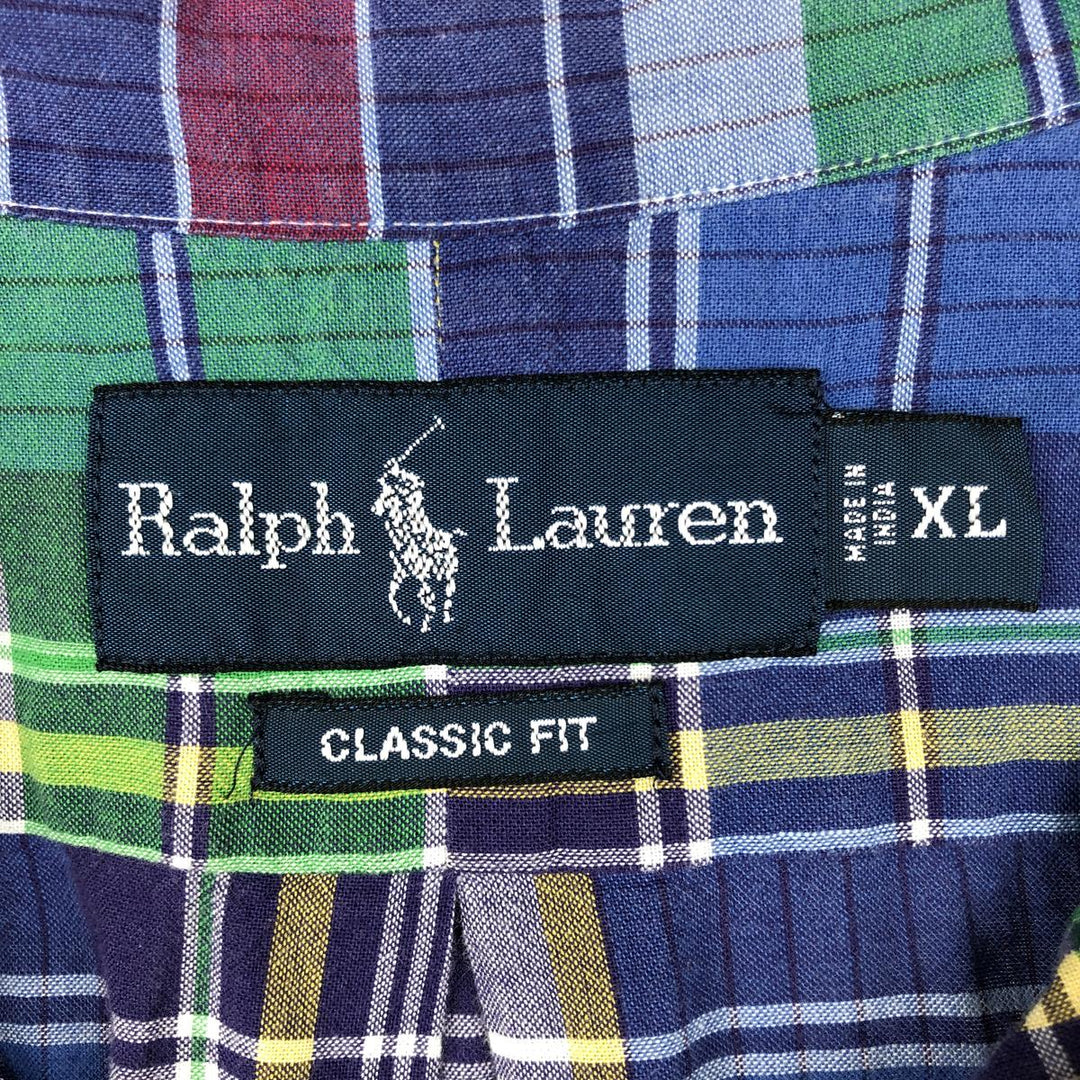 Ralph Lauren CLASSIC FIT Madras Check Short-Sleeve Button-Down Check Shirt, Men's Size XL (approx.) cotton navy blue type Vintage Second Hand