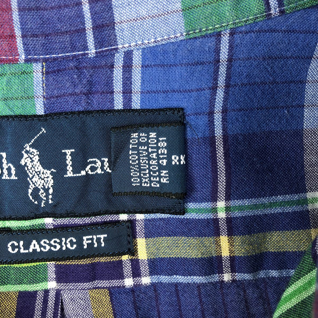 Ralph Lauren CLASSIC FIT Madras Check Short-Sleeve Button-Down Check Shirt, Men's Size XL (approx.) cotton navy blue type Vintage Second Hand