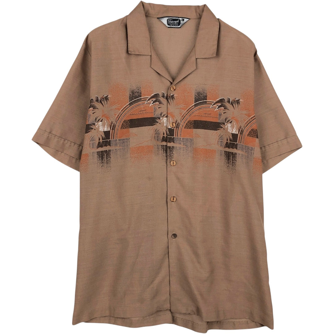 1970'S Triumph all-over palm tree print open-collar Hawaiian Aloha shirt, boxy style, made in USA, men's size L equivalent, vintage. unclear brown type Vintage Second Hand
