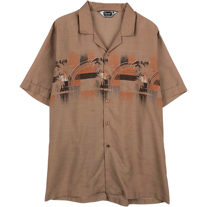 1970'S Triumph all-over palm tree print open-collar Hawaiian Aloha shirt, boxy style, made in USA, men's size L equivalent, vintage. unclear brown type Vintage Second Hand