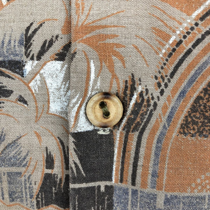 1970'S Triumph all-over palm tree print open-collar Hawaiian Aloha shirt, boxy style, made in USA, men's size L equivalent, vintage. unclear brown type Vintage Second Hand