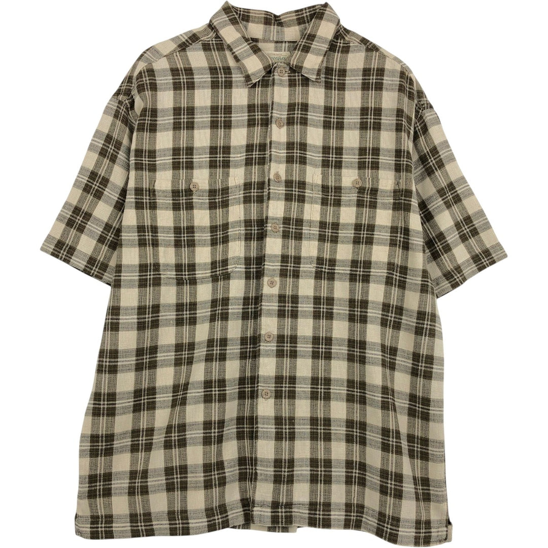 1990'S St. John's Bay Short-Sleeve Cotton Check Shirt, Boxy Shirt, Men's Size L (Equivalent), Vintage cotton Khaki type Vintage Second Hand
