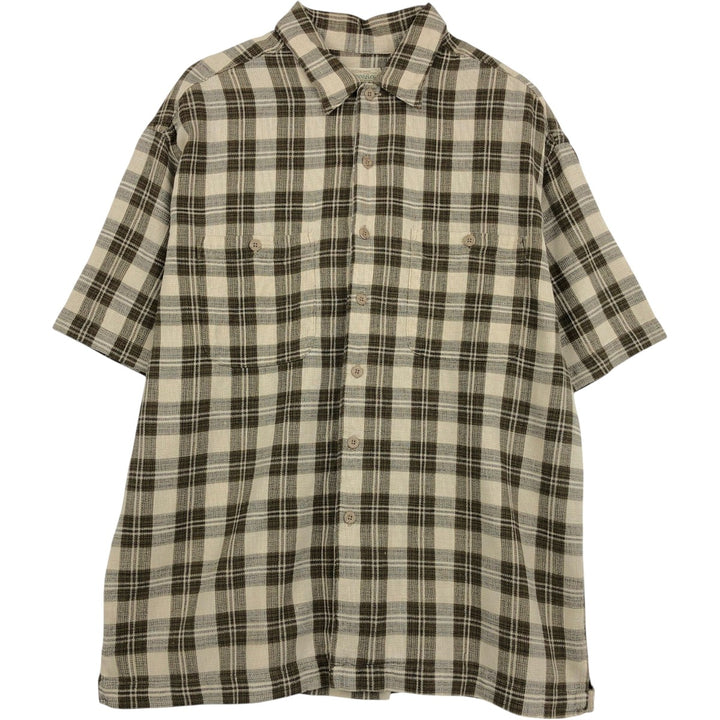 1990'S St. John's Bay Short-Sleeve Cotton Check Shirt, Boxy Shirt, Men's Size L (Equivalent), Vintage cotton Khaki type Vintage Second Hand