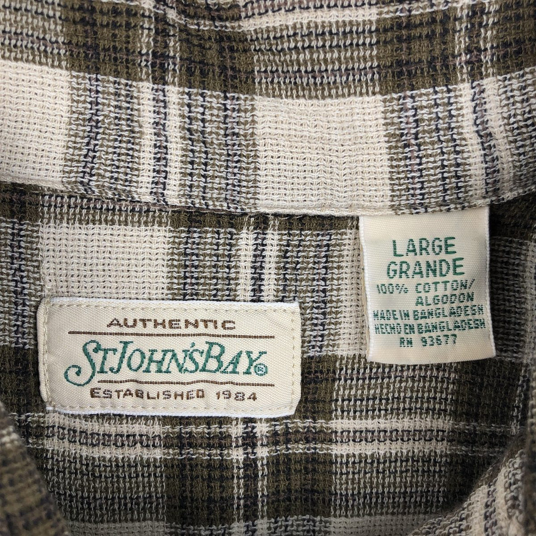 1990'S St. John's Bay Short-Sleeve Cotton Check Shirt, Boxy Shirt, Men's Size L (Equivalent), Vintage cotton Khaki type Vintage Second Hand