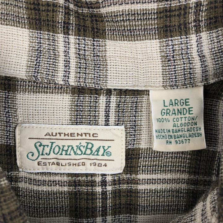 1990'S St. John's Bay Short-Sleeve Cotton Check Shirt, Boxy Shirt, Men's Size L (Equivalent), Vintage cotton Khaki type Vintage Second Hand